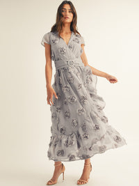 JUST ME WOMEN'S SHORT SLEEVE SURPLICE FRONT BELT FLORAL MAXI DRESS
