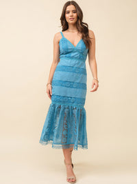 JUST ME WOMEN'S SLEEVELESS V-NECK FLORAL CROCHET TIERED MAXI DRESS