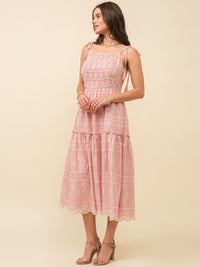 JUST ME WOMEN'S SLEEVELESS SQUARE NECK FRONT POCKETS SMOCK FLORAL EMBROIDERY MAXI DRESS