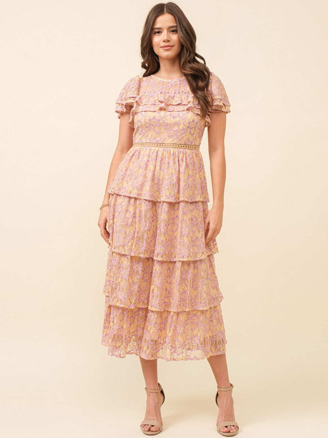 JUST ME WOMEN'S SHORT SLEEVE RUFFLE TIERED LACE FLORAL MAXI DRESS