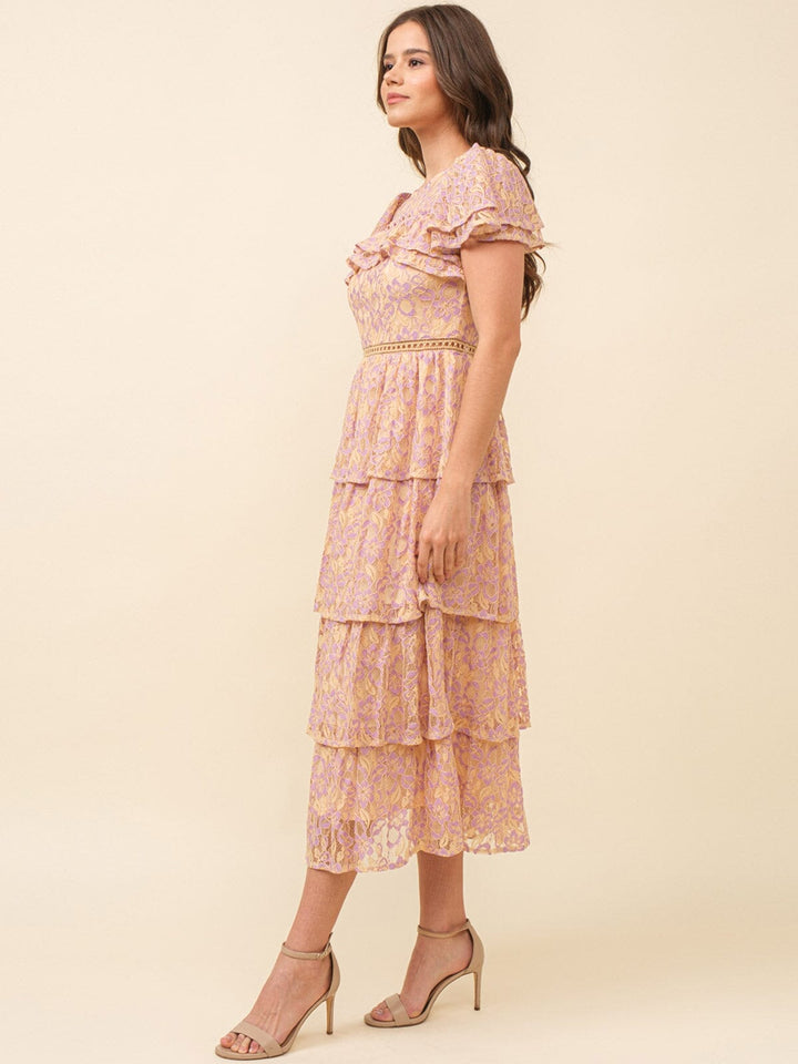JUST ME WOMEN'S SHORT SLEEVE RUFFLE TIERED LACE FLORAL MAXI DRESS