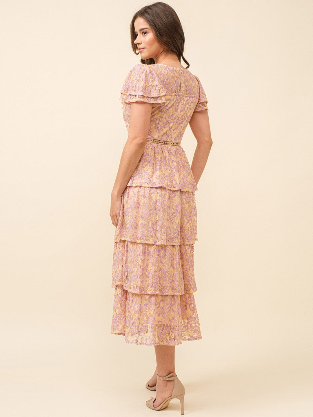 JUST ME WOMEN'S SHORT SLEEVE RUFFLE TIERED LACE FLORAL MAXI DRESS