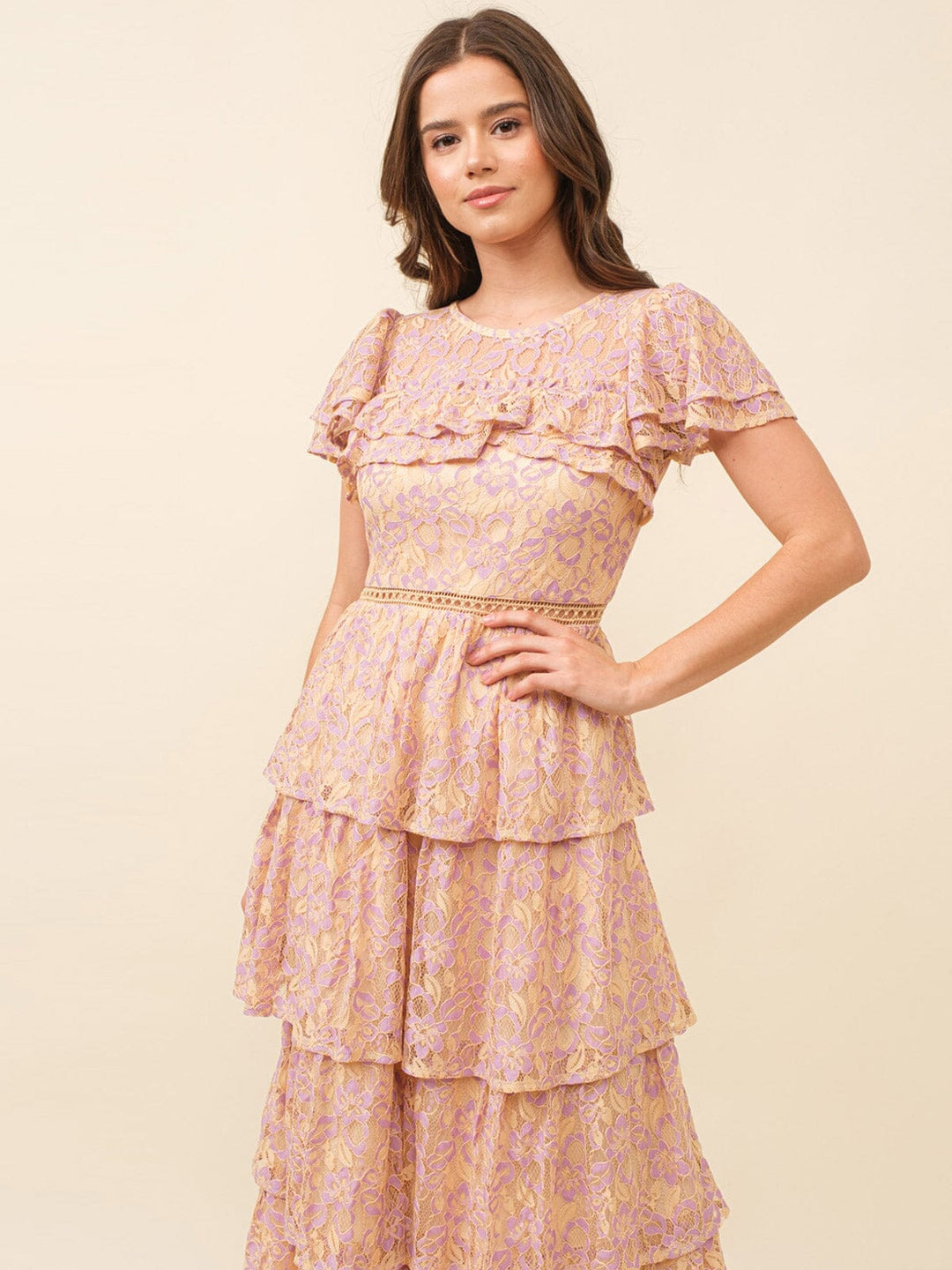 JUST ME WOMEN'S SHORT SLEEVE RUFFLE TIERED LACE FLORAL MAXI DRESS