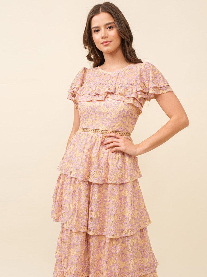 JUST ME WOMEN'S SHORT SLEEVE RUFFLE TIERED LACE FLORAL MAXI DRESS
