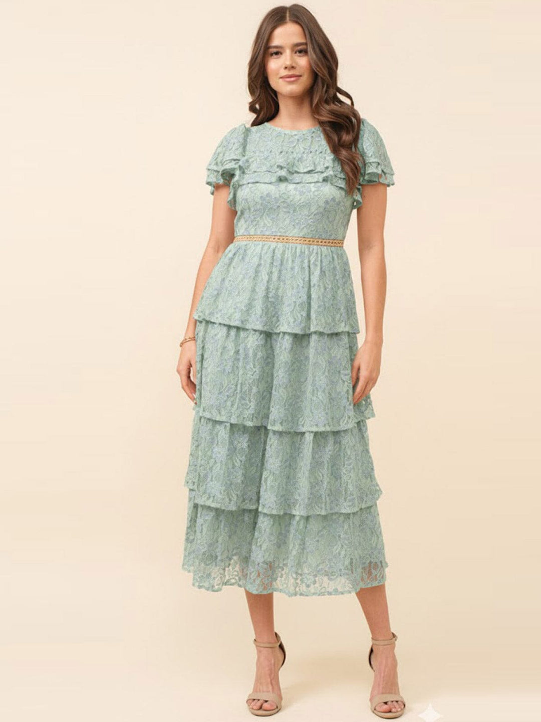 JUST ME WOMEN'S SHORT SLEEVE RUFFLE TIERED LACE FLORAL MAXI DRESS