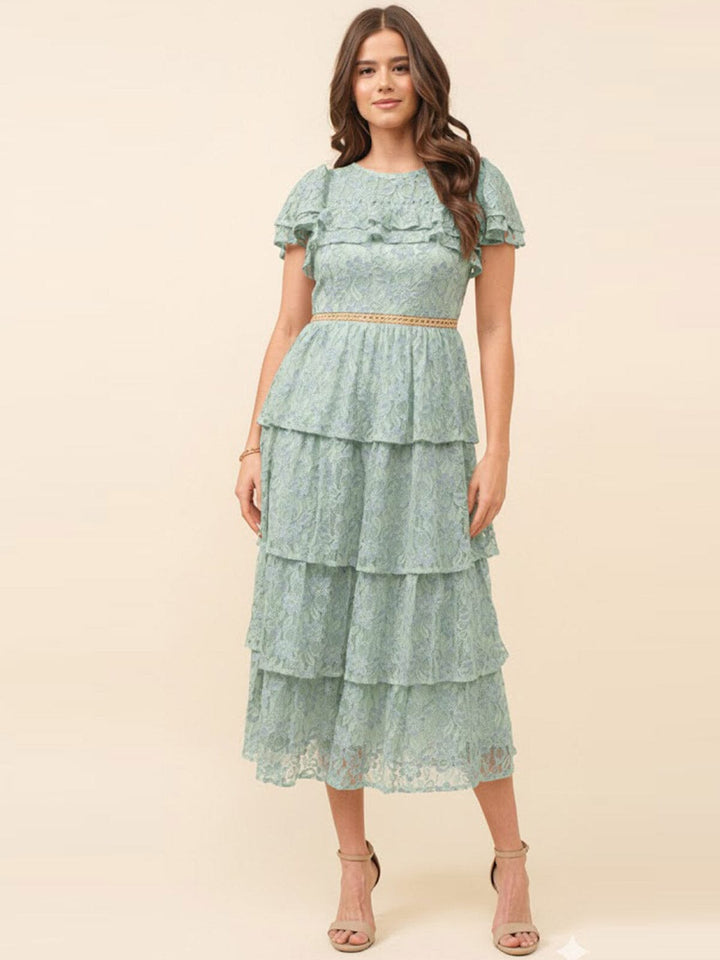 JUST ME WOMEN'S SHORT SLEEVE RUFFLE TIERED LACE FLORAL MAXI DRESS
