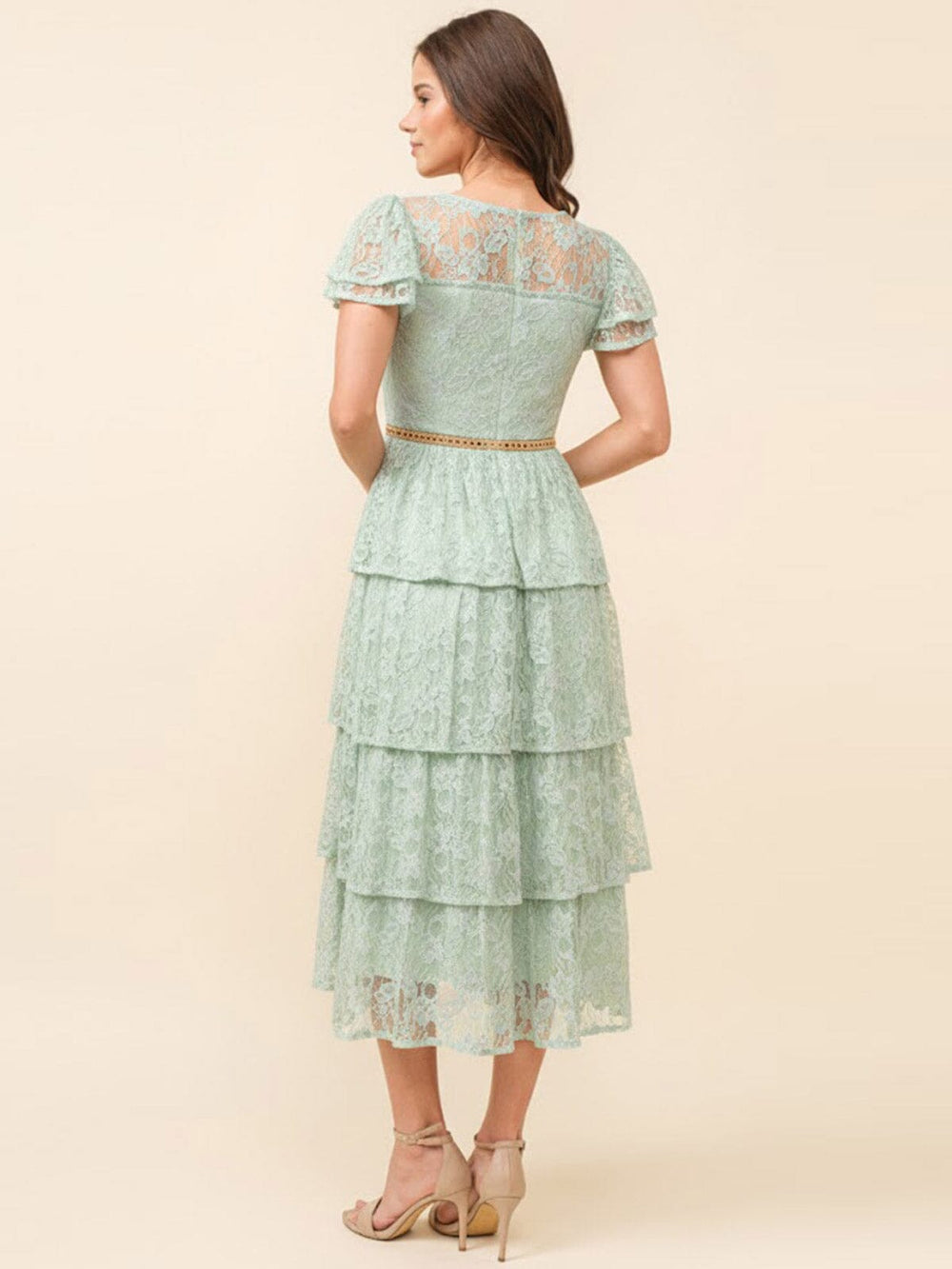 JUST ME WOMEN'S SHORT SLEEVE RUFFLE TIERED LACE FLORAL MAXI DRESS
