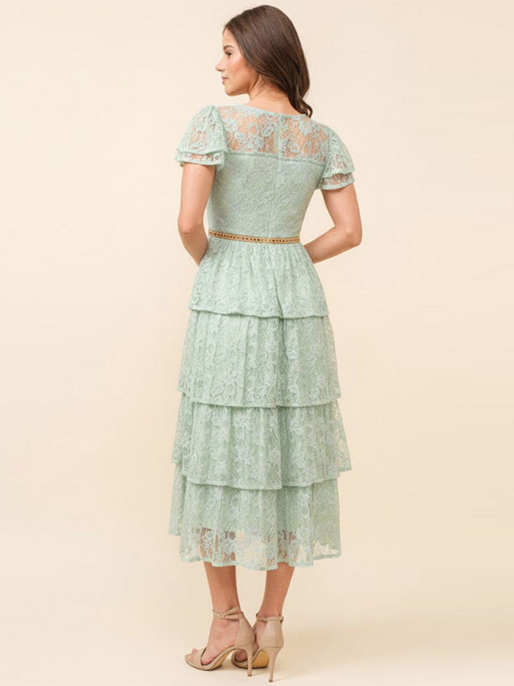 JUST ME WOMEN'S SHORT SLEEVE RUFFLE TIERED LACE FLORAL MAXI DRESS