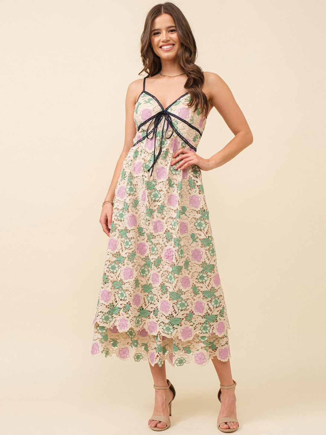 JUST ME WOMEN'S SLEEVELESS V-NECK CROCHET FLORAL MAXI DRESS