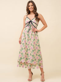 JUST ME WOMEN'S SLEEVELESS V-NECK CROCHET FLORAL MAXI DRESS