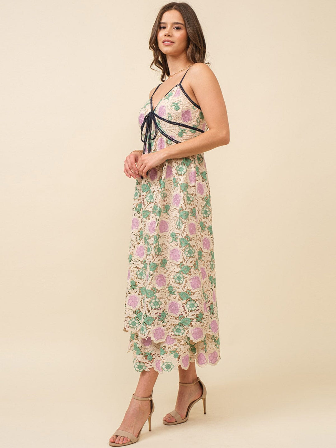 JUST ME WOMEN'S SLEEVELESS V-NECK CROCHET FLORAL MAXI DRESS