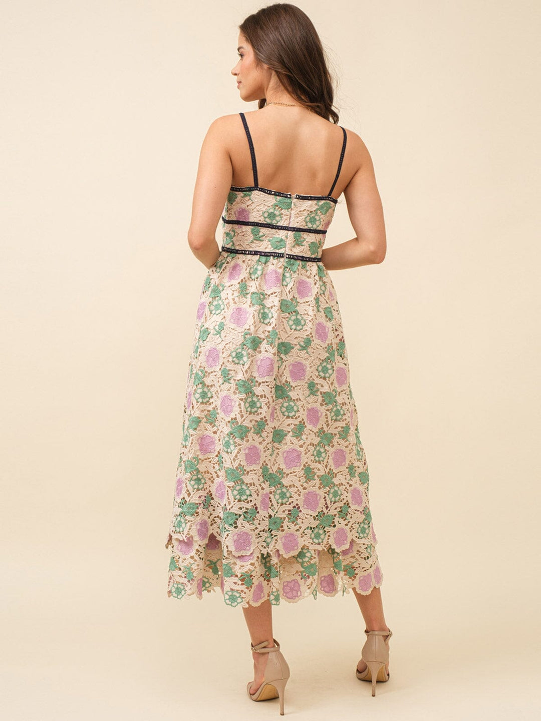 JUST ME WOMEN'S SLEEVELESS V-NECK CROCHET FLORAL MAXI DRESS
