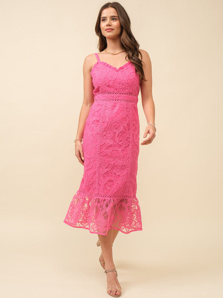 JUST ME WOMEN'S SLEEVELESS CROCHET FLORAL BODYCON MAXI DRESS