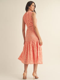 JUST ME WOMEN'S SLEEVELESS V-NECK CROCHET FLORAL TIERED MAXI DRESS