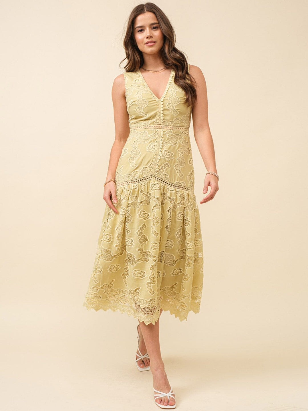 JUST ME WOMEN'S SLEEVELESS V-NECK CROCHET FLORAL TIERED MAXI DRESS