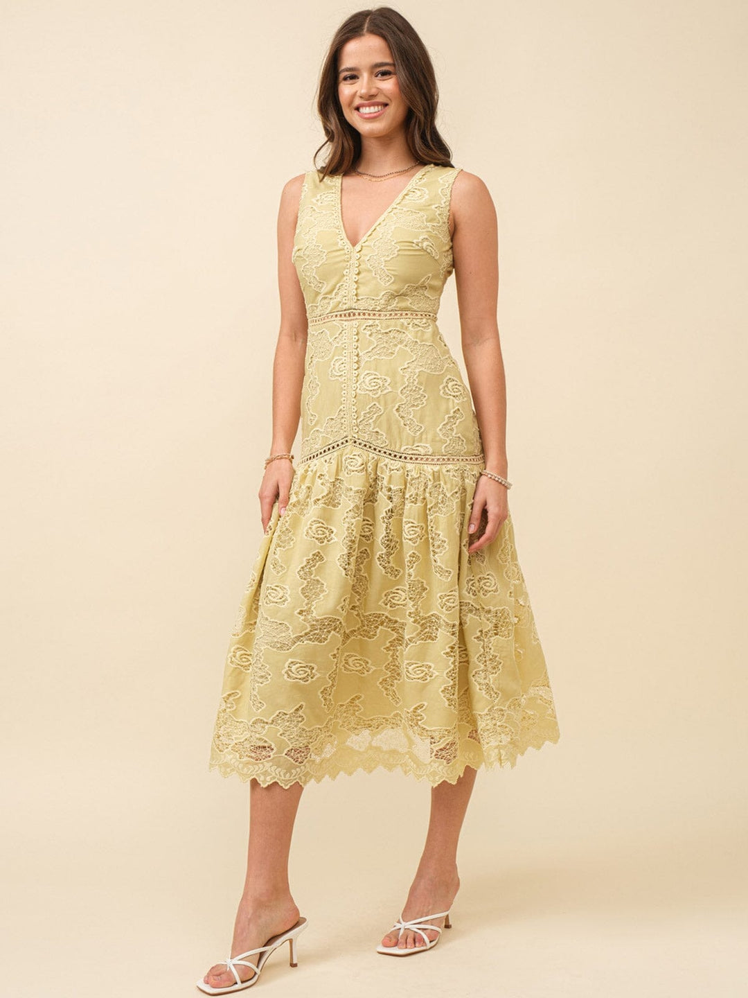 JUST ME WOMEN'S SLEEVELESS V-NECK CROCHET FLORAL TIERED MAXI DRESS