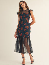 JUST ME WOMEN'S RUFFLE SLEEVE MESH FLORAL CROCHET MAXI DRESS
