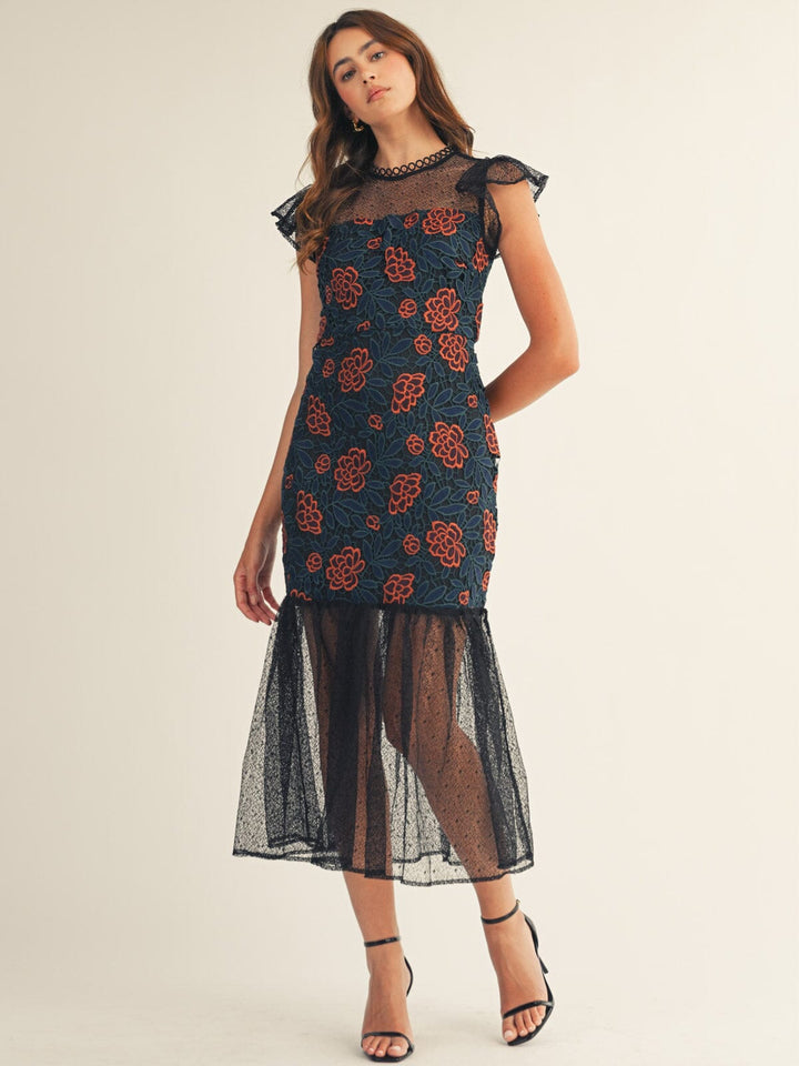JUST ME WOMEN'S RUFFLE SLEEVE MESH FLORAL CROCHET MAXI DRESS