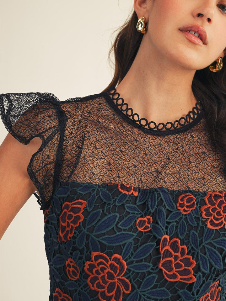 JUST ME WOMEN'S RUFFLE SLEEVE MESH FLORAL CROCHET MAXI DRESS
