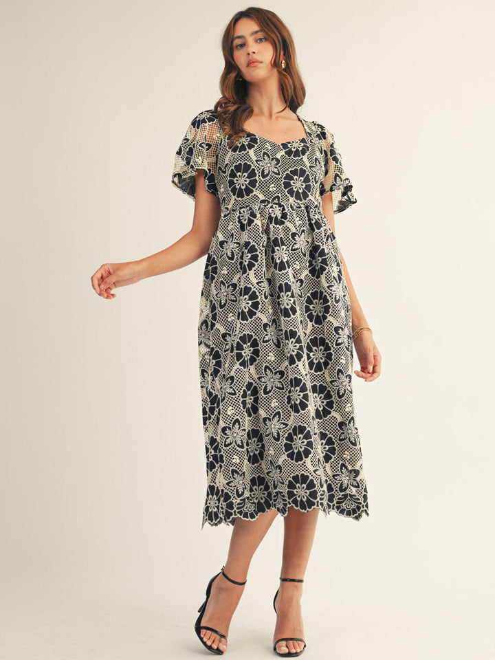 JUST ME WOMEN'S SHORT SLEEVE BACK TIE FLORAL CROCHET MAXI DRESS