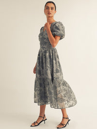 JUST ME WOMEN'S SHORT PUFF SLEEVE V-NECK ELASTIC WAIST FLORAL MAXI DRESS