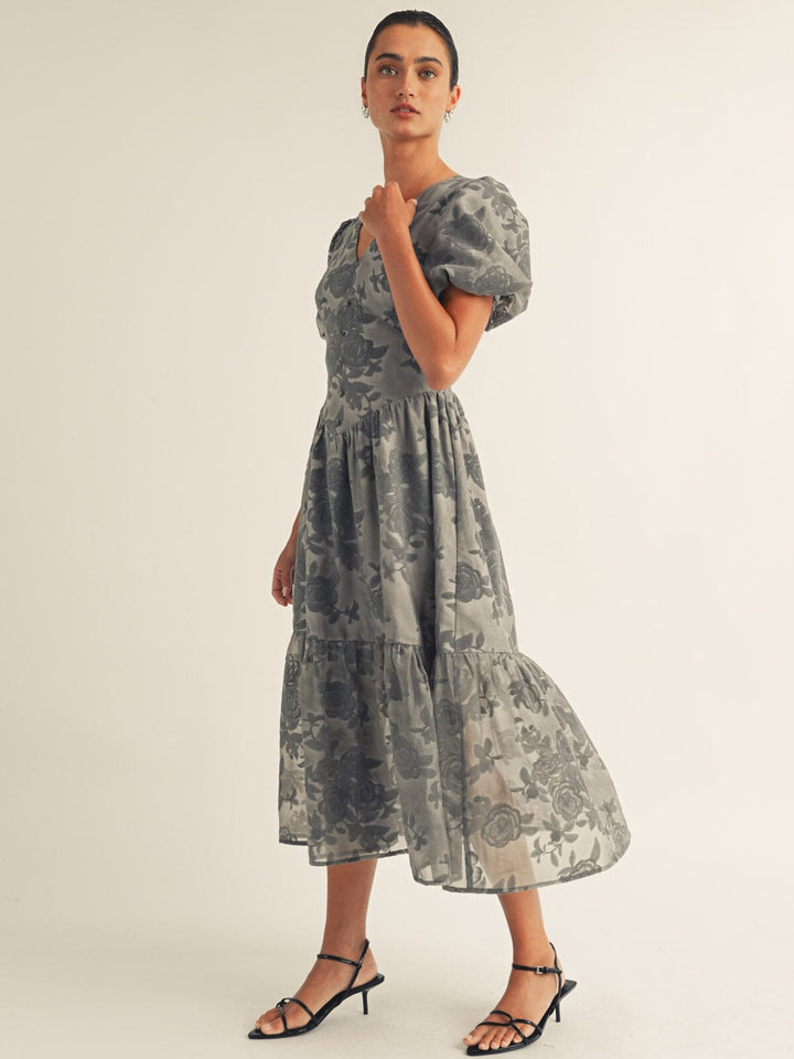 JUST ME WOMEN'S SHORT PUFF SLEEVE V-NECK ELASTIC WAIST FLORAL MAXI DRESS
