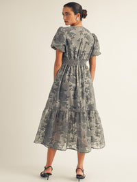 JUST ME WOMEN'S SHORT PUFF SLEEVE V-NECK ELASTIC WAIST FLORAL MAXI DRESS