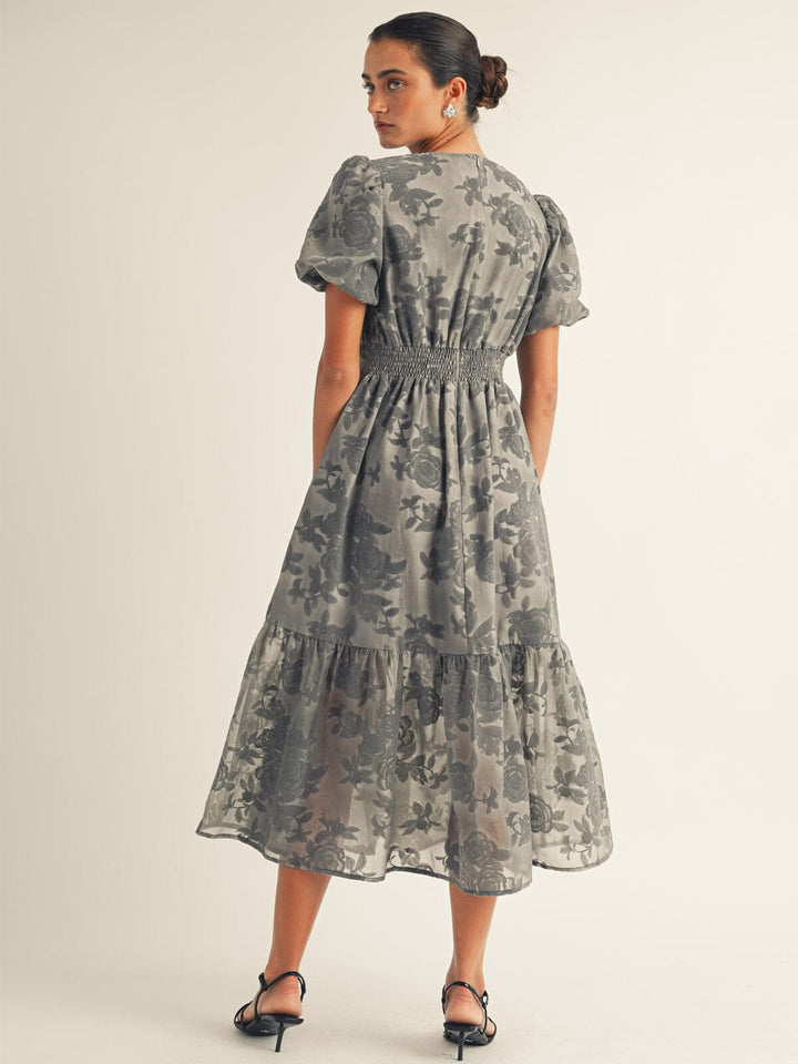 JUST ME WOMEN'S SHORT PUFF SLEEVE V-NECK ELASTIC WAIST FLORAL MAXI DRESS
