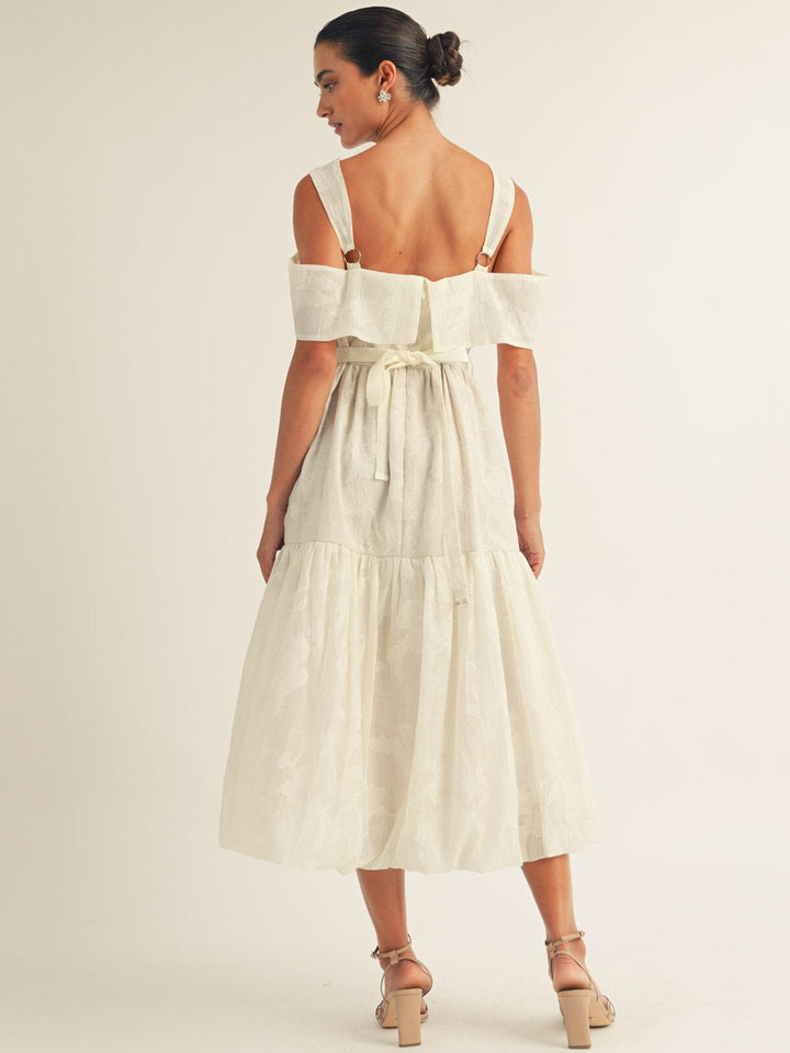 JUST ME WOMEN'S OFF SHOULDER FRONT POCKETS SELF TIE MAXI DRESS