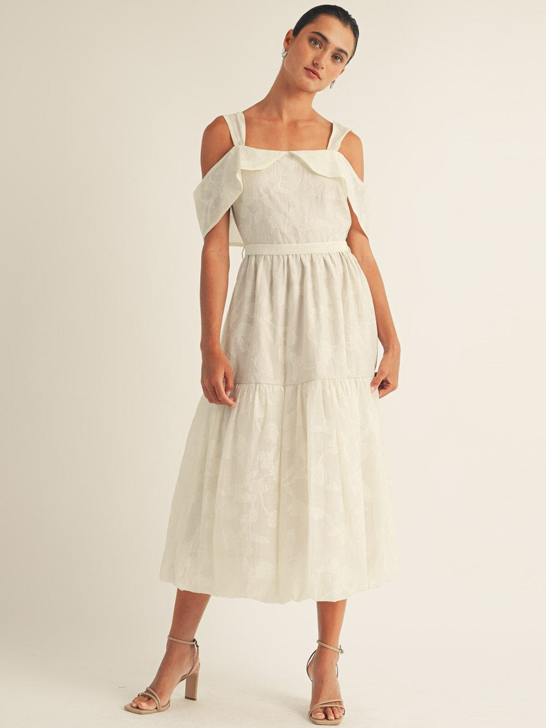JUST ME WOMEN'S OFF SHOULDER FRONT POCKETS SELF TIE MAXI DRESS
