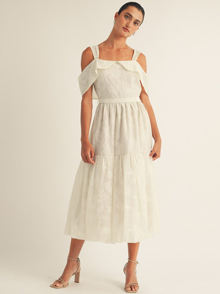 JUST ME WOMEN'S OFF SHOULDER FRONT POCKETS SELF TIE MAXI DRESS
