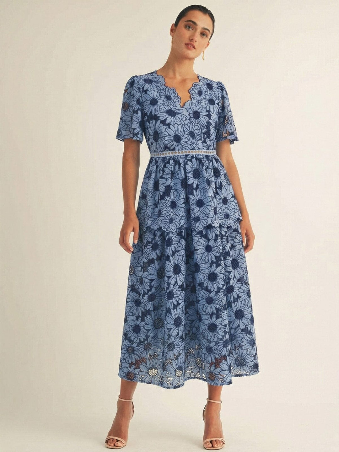 JUST ME WOMEN'S SHORT SLEEVE V-NECK SURPLICE FLORAL CROCHET MAXI DRESS
