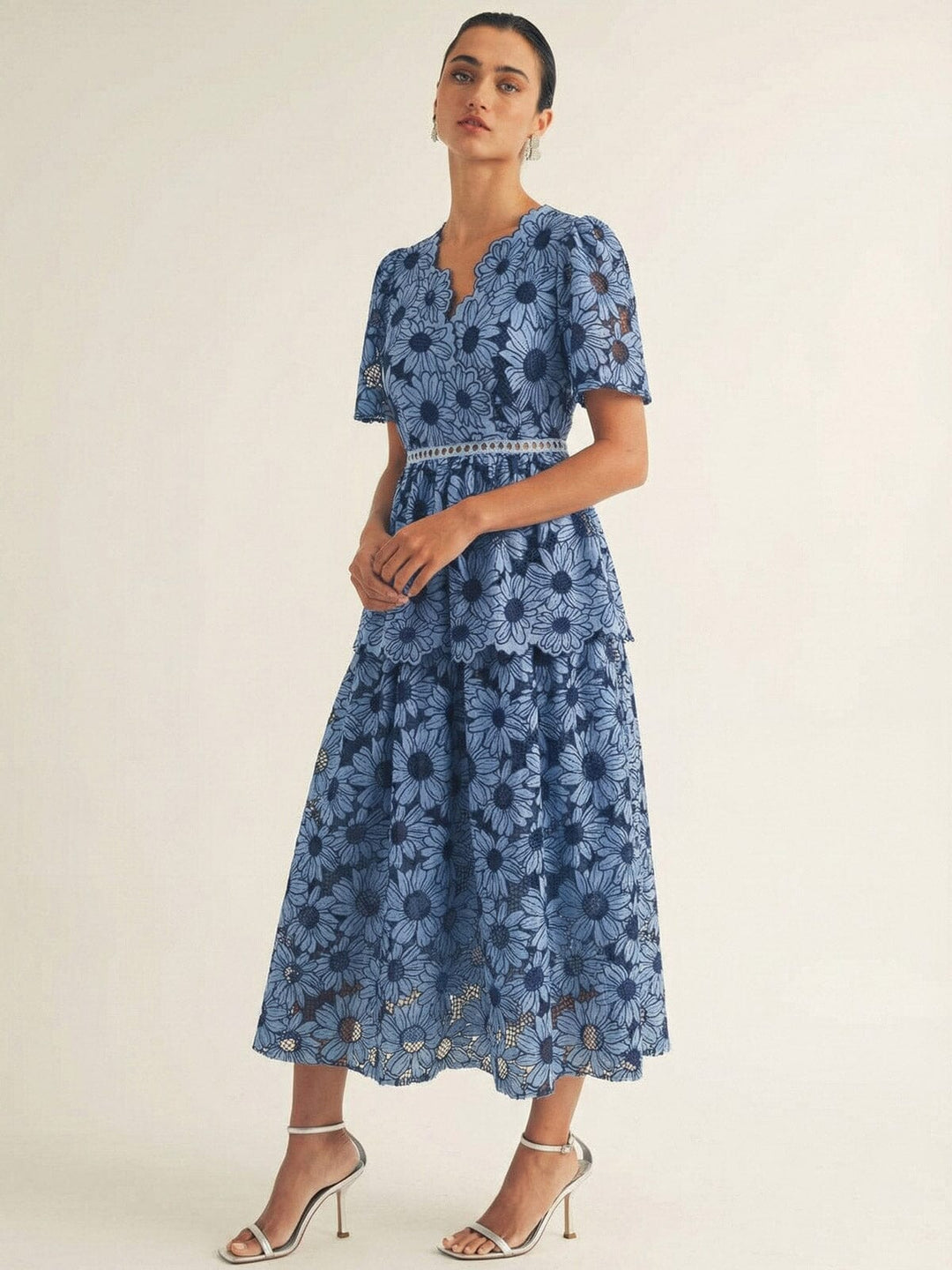 JUST ME WOMEN'S SHORT SLEEVE V-NECK SURPLICE FLORAL CROCHET MAXI DRESS