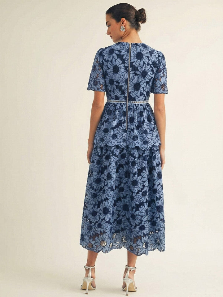 JUST ME WOMEN'S SHORT SLEEVE V-NECK SURPLICE FLORAL CROCHET MAXI DRESS
