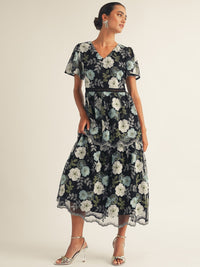 JUST ME WOMEN'S SHORT PUFF SLEEVE V-NECK TIERED EMBROIDERY FLORAL MAXI DRESS