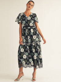 JUST ME WOMEN'S SHORT PUFF SLEEVE V-NECK TIERED EMBROIDERY FLORAL MAXI DRESS