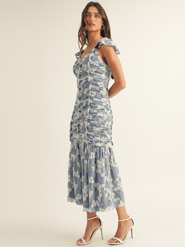 JUST ME WOMEN'S SLEEVELESS V-NECK OPEN BACK LACE FLORAL RUCHED MAXI DRESS