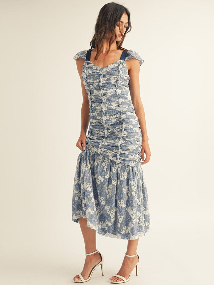 JUST ME WOMEN'S SLEEVELESS V-NECK OPEN BACK LACE FLORAL RUCHED MAXI DRESS