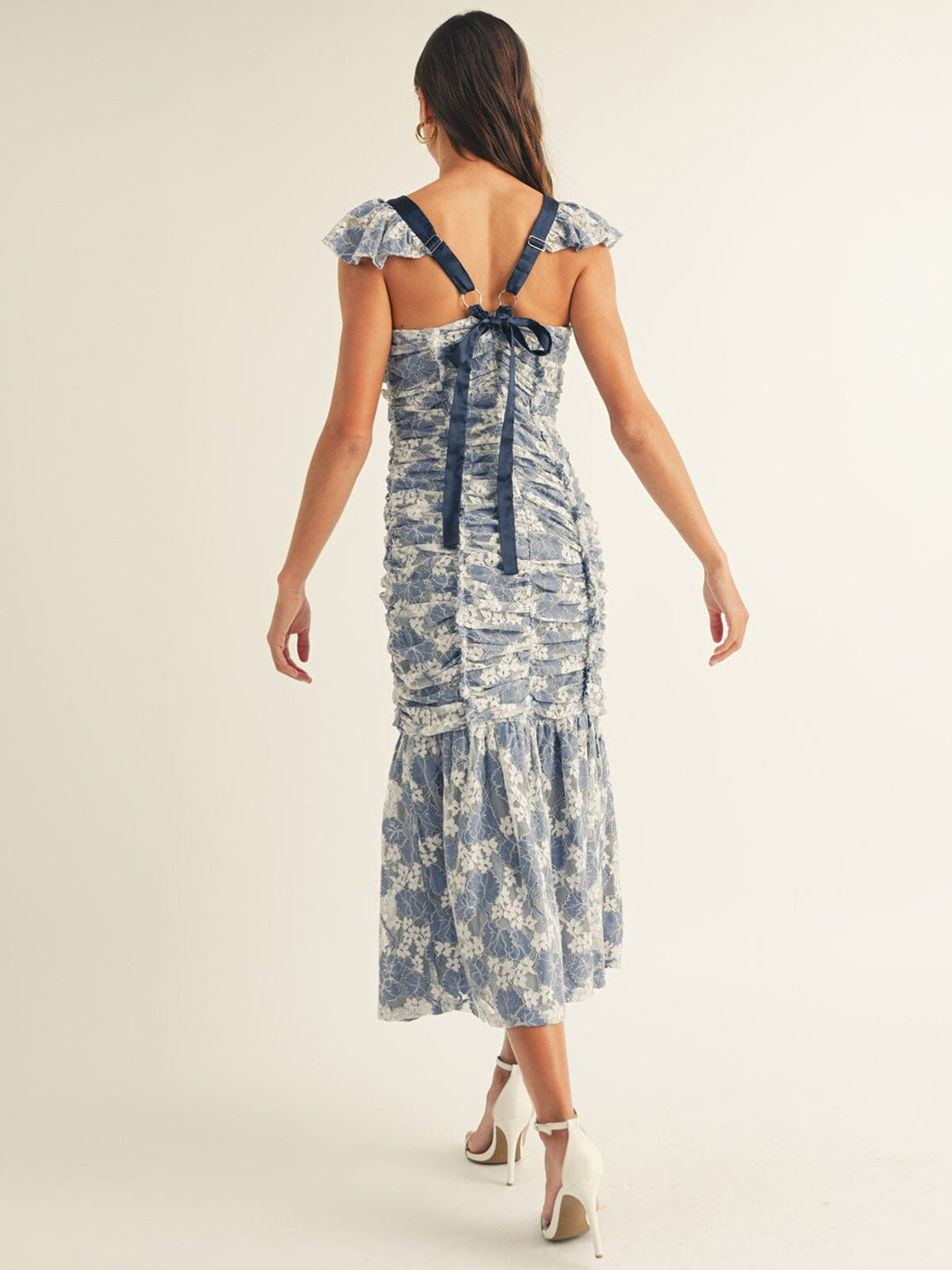 JUST ME WOMEN'S SLEEVELESS V-NECK OPEN BACK LACE FLORAL RUCHED MAXI DRESS