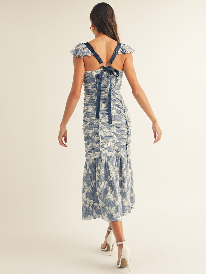 JUST ME WOMEN'S SLEEVELESS V-NECK OPEN BACK LACE FLORAL RUCHED MAXI DRESS