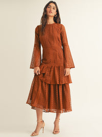 JUST ME WOMEN'S LONG BELL SLEEVE TIERED CROCHET MAXI DRESS