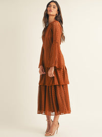 JUST ME WOMEN'S LONG BELL SLEEVE TIERED CROCHET MAXI DRESS