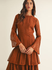 JUST ME WOMEN'S LONG BELL SLEEVE TIERED CROCHET MAXI DRESS