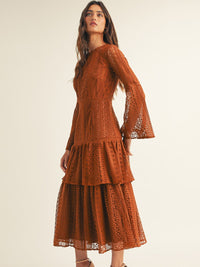JUST ME WOMEN'S LONG BELL SLEEVE TIERED CROCHET MAXI DRESS
