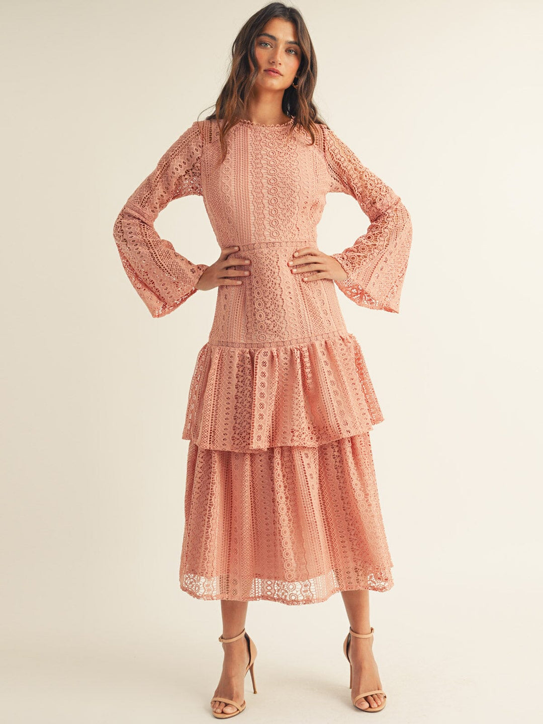 JUST ME WOMEN'S LONG BELL SLEEVE TIERED CROCHET MAXI DRESS