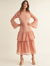JUST ME WOMEN'S LONG BELL SLEEVE TIERED CROCHET MAXI DRESS