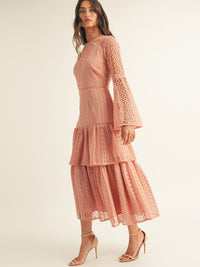 JUST ME WOMEN'S LONG BELL SLEEVE TIERED CROCHET MAXI DRESS
