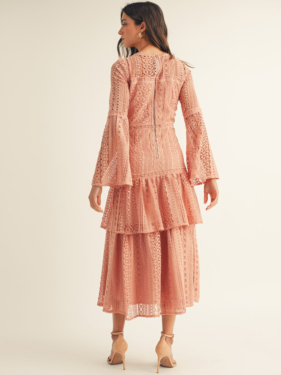 JUST ME WOMEN'S LONG BELL SLEEVE TIERED CROCHET MAXI DRESS