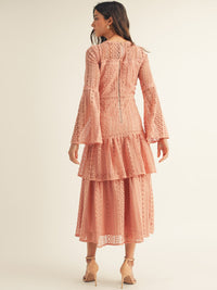 JUST ME WOMEN'S LONG BELL SLEEVE TIERED CROCHET MAXI DRESS