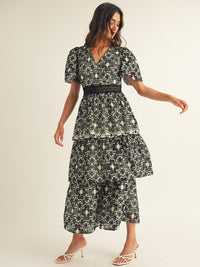JUST ME WOMEN'S SHORT SLEEVE V-NECK SURPLICE FLORAL CROCHET TIERED MAXI DRESS